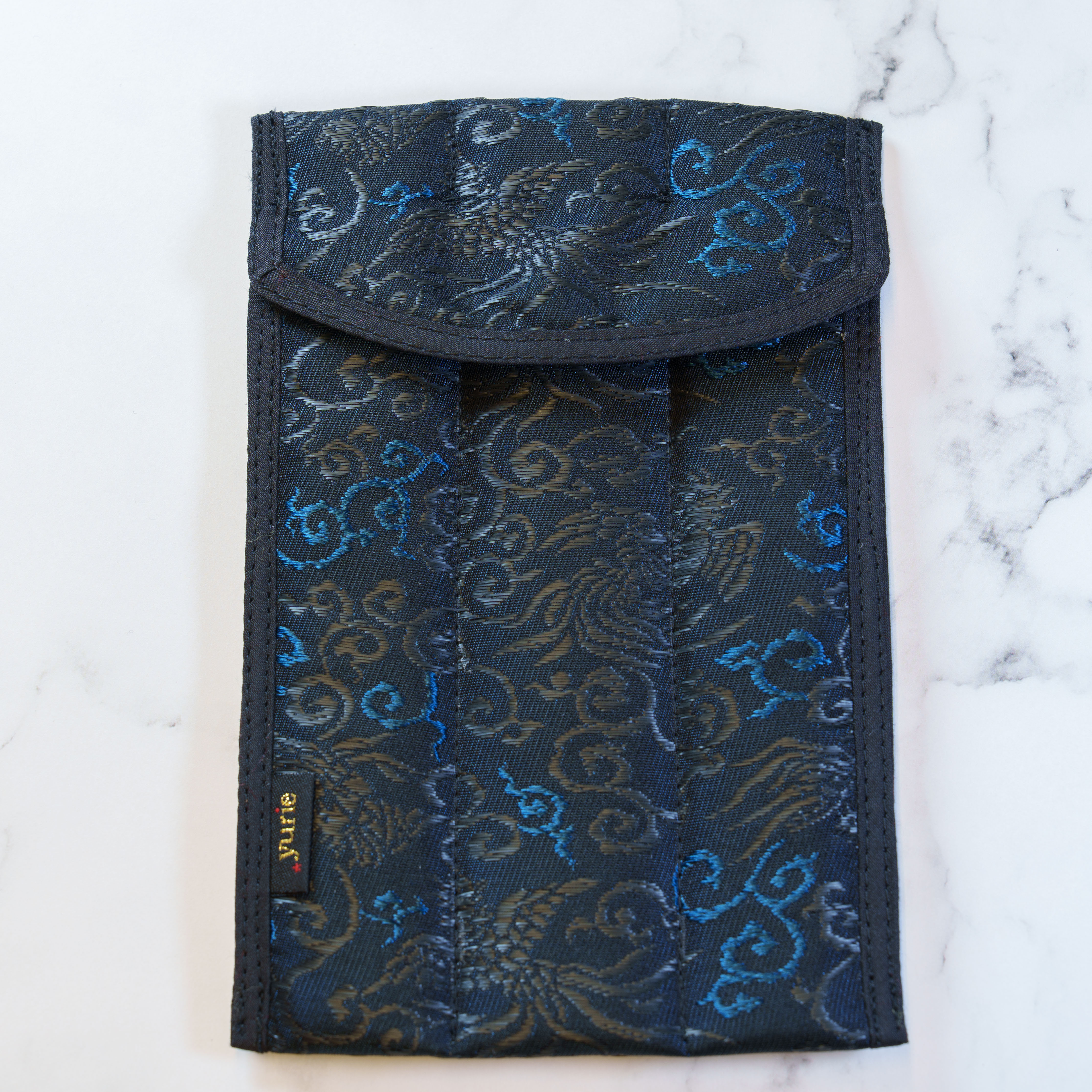 yurie　ペンレストタイプ3本用　正絹ペンケース　桐竹鳳凰　青